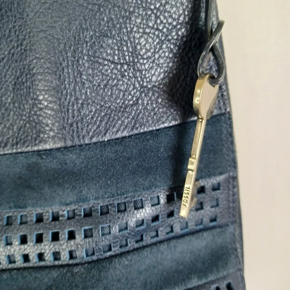Fossil Bag Navy Blue Leather and Suede Zip Top‎ Hobo Shoulder Bucket Bag